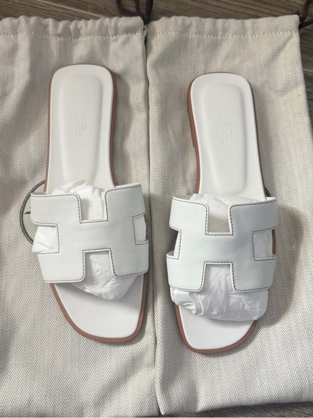 Hermes White Oran Slide Sandals